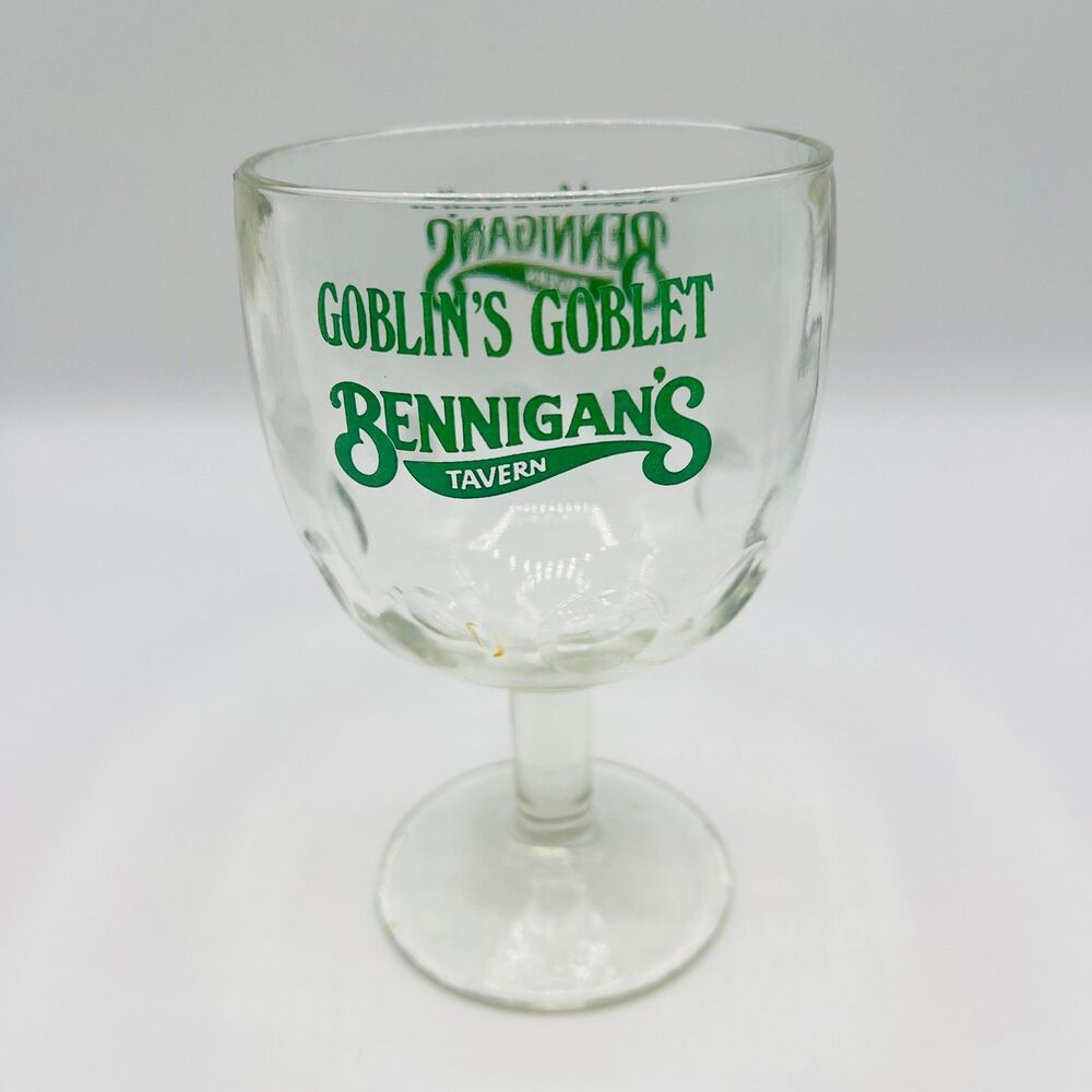 Bennigan’s Tavern Clear Glass Goblins 6 in tall Goblet Cup Thumbprint Barware